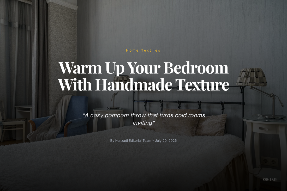 Pink Moroccan handmade pompom blanket draped over a bed in a cozy bedroom