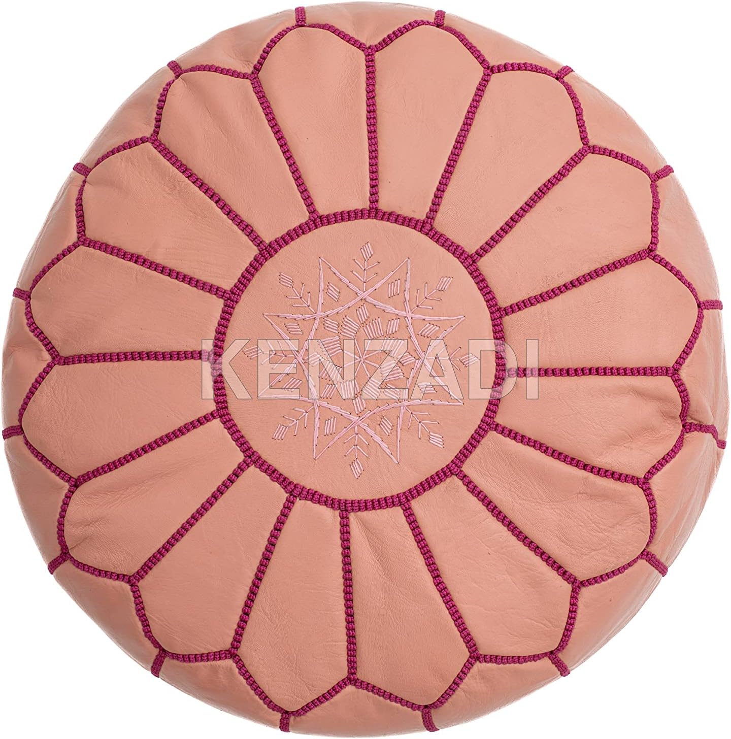Kenzadi leather pouf cover - top view showing floral embroidery