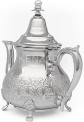 Moroccan Serving TeaPot Handmade Of Brass Silver Plated Hand Carved In Fes Morocco (8 Oz with Legs)