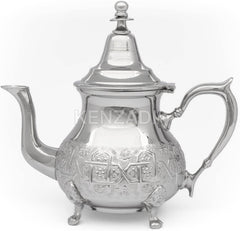 Moroccan Serving TeaPot Handmade Of Brass Silver Plated Hand Carved In Fes Morocco (8 Oz with Legs)