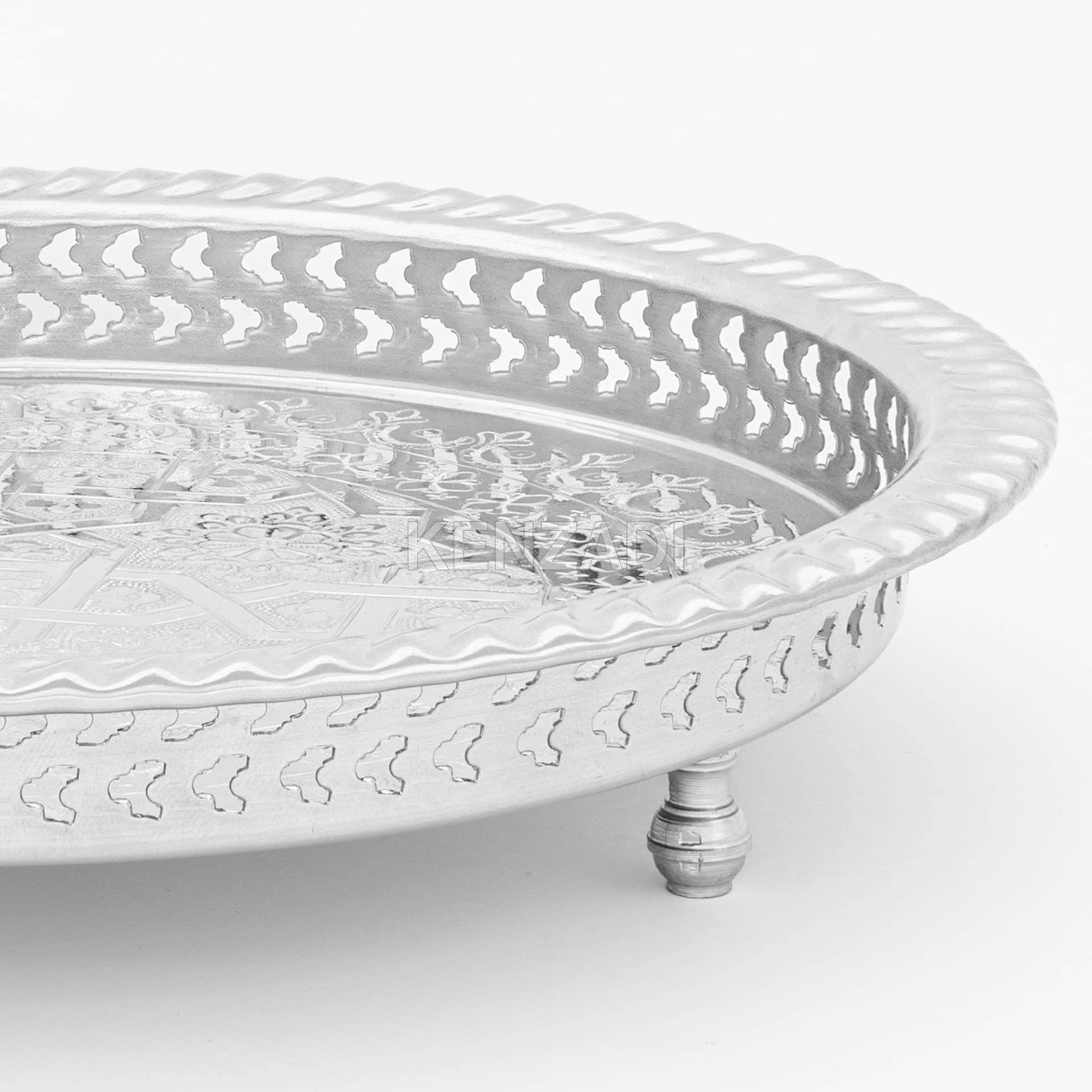 14.1 Inch Moroccan Handmade Serving Tea Tray Silver Plated Brass Handcrafted Plate in Fez Morocco - Handmade by My Poufs