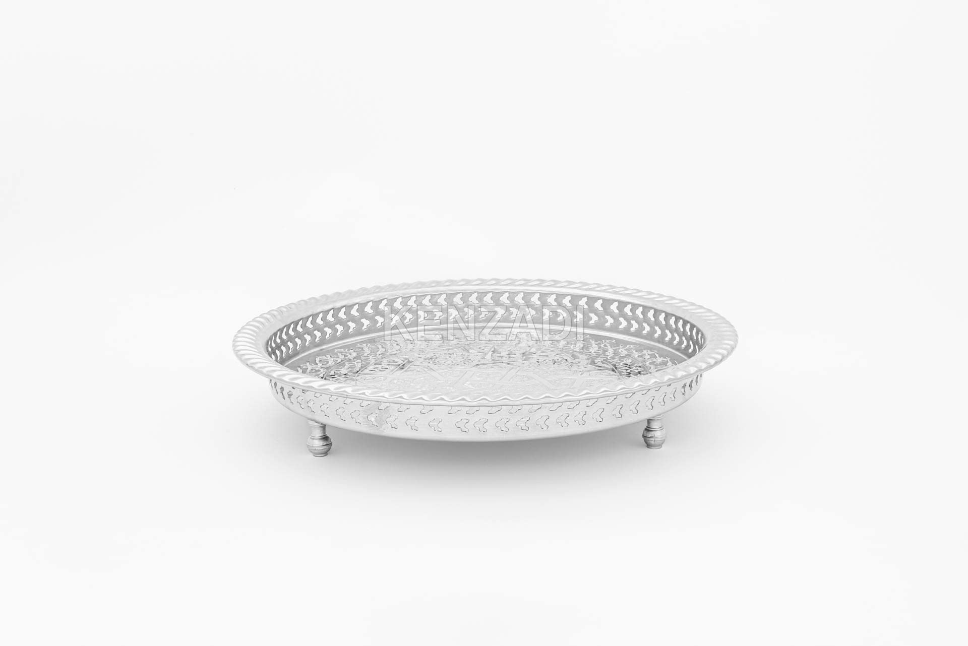 14.1 Inch Moroccan Handmade Serving Tea Tray Silver Plated Brass Handcrafted Plate in Fez Morocco - Handmade by My Poufs