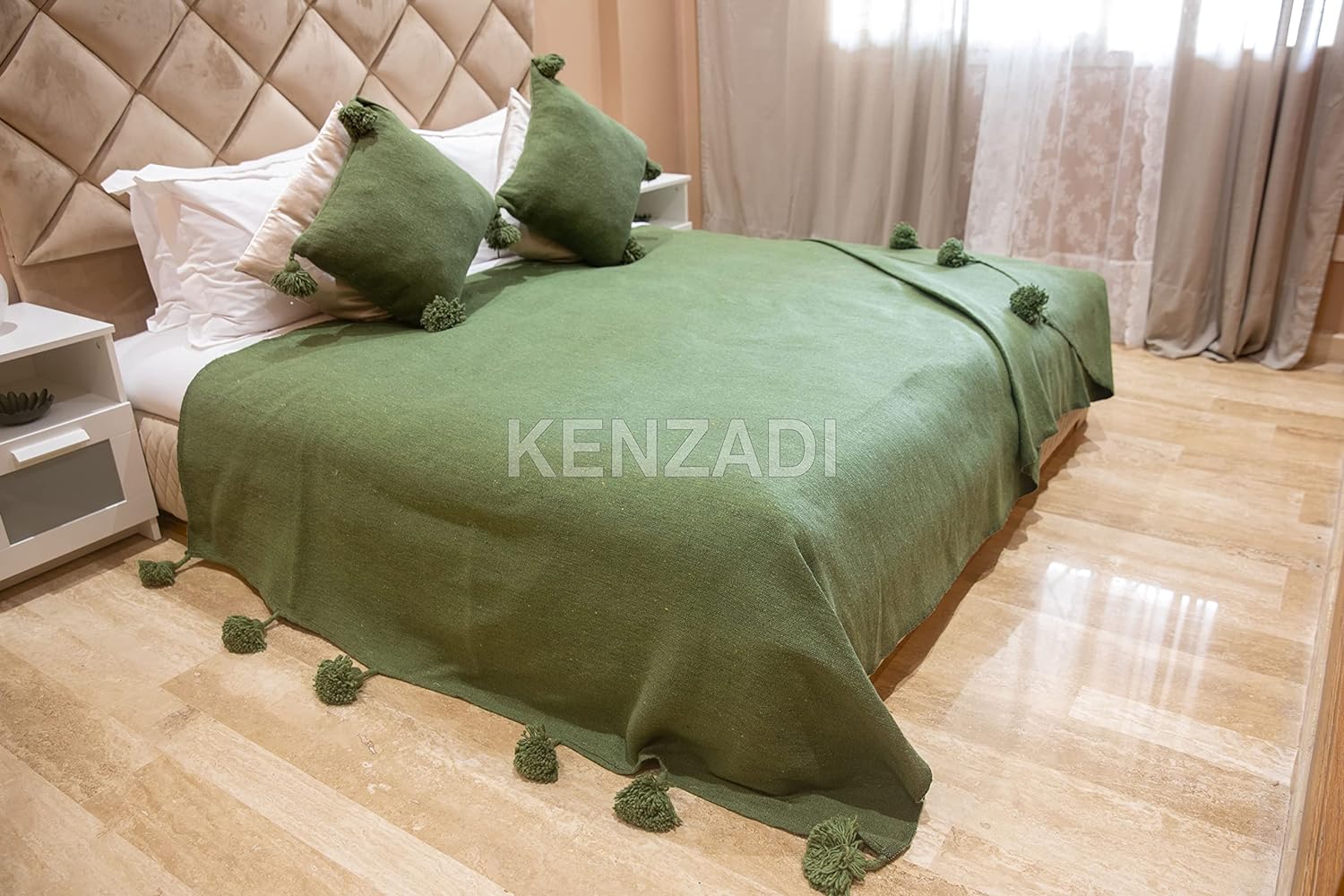 KENZADI Moroccan Handmade Pompom Blanket, Throw Blanket, Pom Pom Blanket, Boho Blanket, Bed Cover, Warm Blanket, Cozy Blanket (Green with pom Green, Queen (U.S. Standard)) - Handmade by My Poufs
