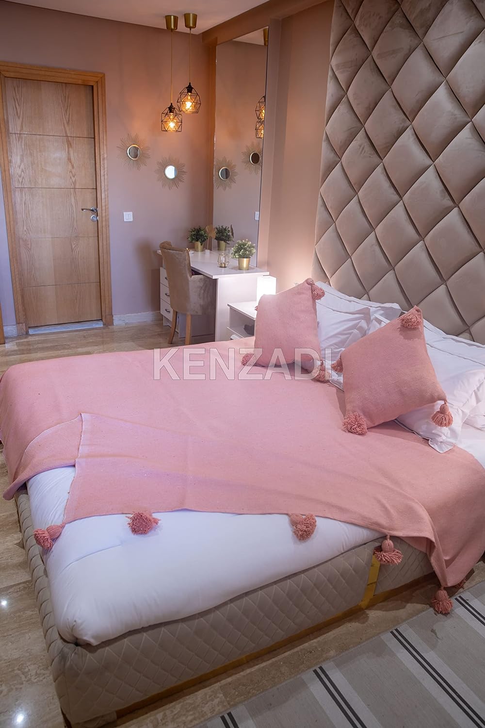 KENZADI Moroccan Handmade Pompom Blanket, Throw Blanket, Pom Pom Blanket, Boho Blanket, Bed Cover, Warm Blanket, Cozy Blanket (Pink with pom Pink, King (U.S. Standard)) - Handmade by My Poufs