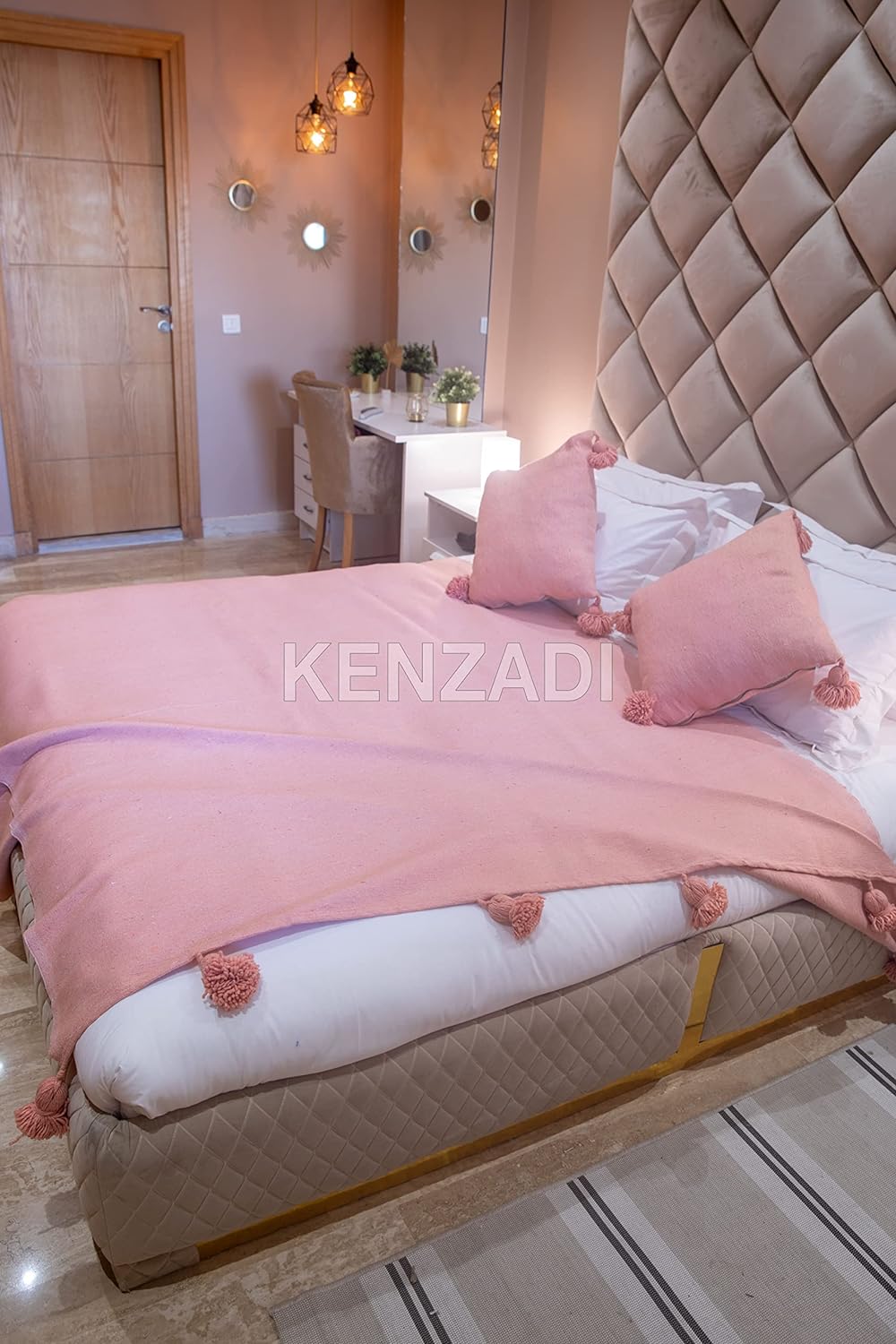KENZADI Moroccan Handmade Pompom Blanket, Throw Blanket, Pom Pom Blanket, Boho Blanket, Bed Cover, Warm Blanket, Cozy Blanket (Pink with pom Pink, King (U.S. Standard)) - Handmade by My Poufs