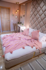 KENZADI Moroccan Handmade Pompom Blanket, Throw Blanket, Pom Pom Blanket, Boho Blanket, Bed Cover, Warm Blanket, Cozy Blanket (Pink with pom Pink, Queen (U.S. Standard)) - Handmade by My Poufs