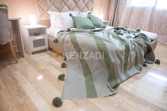 KENZADI Moroccan Handmade Pompom Blanket, Throw Blanket, Pom Pom Blanket, Boho Blanket, Bed Cover, Warm Blanket, Cozy Blanket (Striped Green with pom Green, King (U.S. Standard)) - Handmade by My Poufs