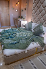 KENZADI Moroccan Handmade Pompom Blanket, Throw Blanket, Pom Pom Blanket, Boho Blanket, Bed Cover, Warm Blanket, Cozy Blanket (Striped Green with pom White, King (U.S. Standard)) - Handmade by My Poufs