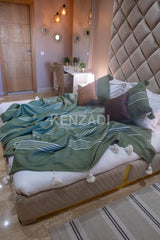 KENZADI Moroccan Handmade Pompom Blanket, Throw Blanket, Pom Pom Blanket, Boho Blanket, Bed Cover, Warm Blanket, Cozy Blanket (Striped Green with pom White, King (U.S. Standard)) - Handmade by My Poufs