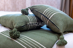 KENZADI Moroccan Handmade Pompom Blanket, Throw Blanket, Pom Pom Blanket, Boho Blanket, Bed Cover, Warm Blanket, Cozy Blanket (Striped Green with pom White, Queen (U.S. Standard)) - Handmade by My Poufs