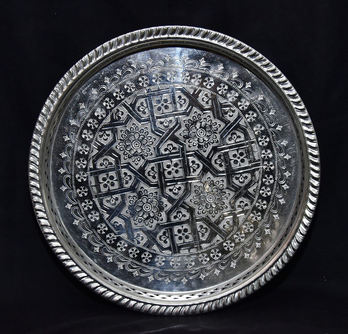 Moroccan 10.2 Inch Handmade Serving Brass Tea Tray Silver Plated Handcrafted Plate Fez Morocco - Handmade by My Poufs