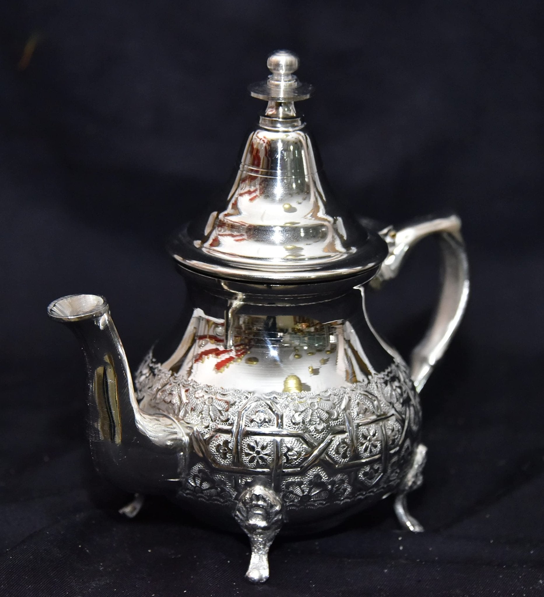 Moroccan 4 Cups Tea Pot W/ 4 Welded Legs Handmade Serving 15OZ Small Brass Silver Plated Teapot Hand Carved in Fez Morocco - Handmade by My Poufs