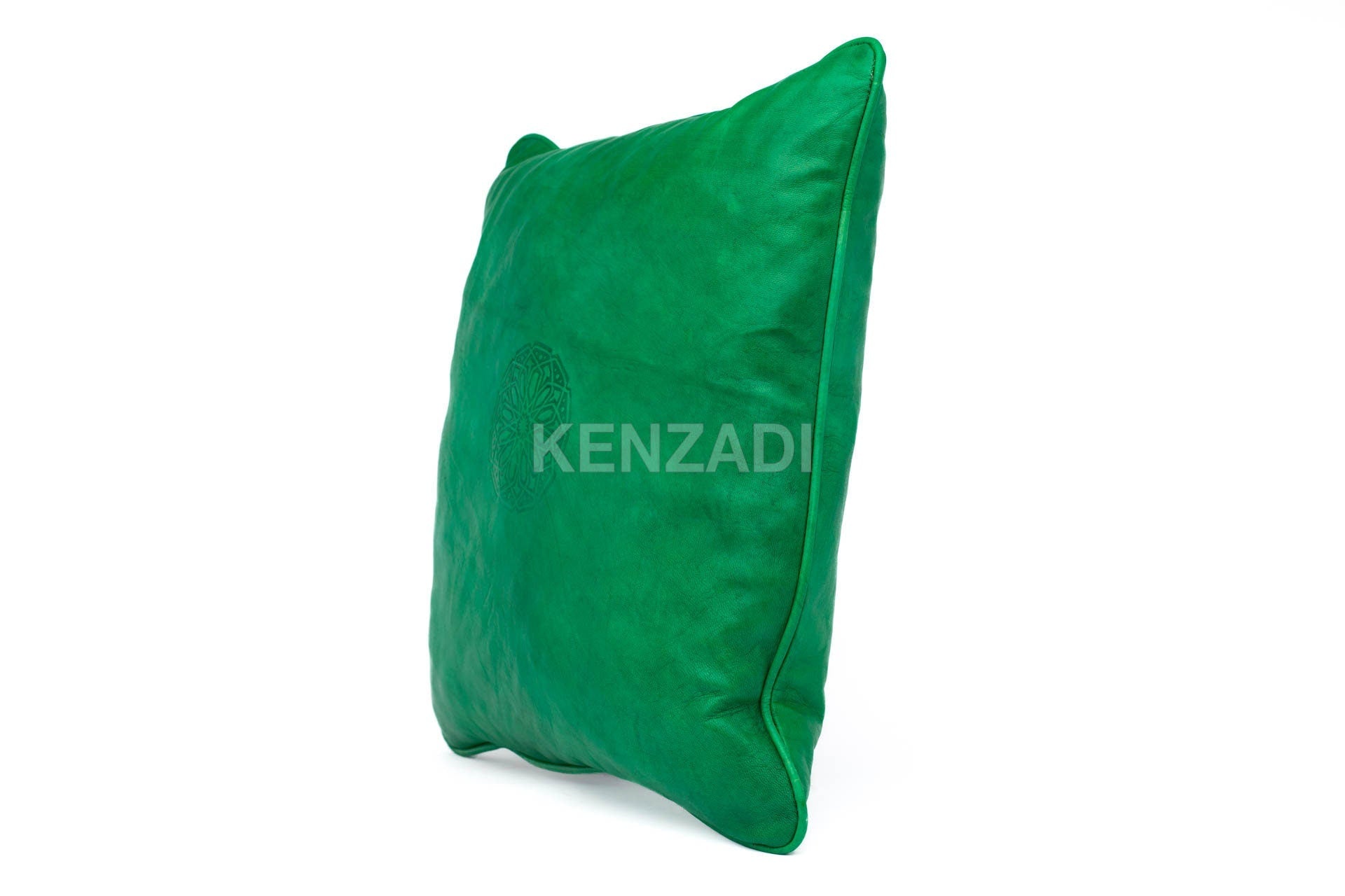 Handmade Moroccan green leather pillowcase - elegant, modern, and classic decor piece for home, car, or commercial use. Available in many colors and easy to clean.