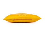Handmade yellow leather pillowcase with Moroccan craftsmanship - stylish and versatile decor piece for indoor and outdoor use