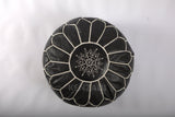 Moroccan leather pouf round berber style black leather with Beige embroidery by Kenzadi - Handmade by My Poufs