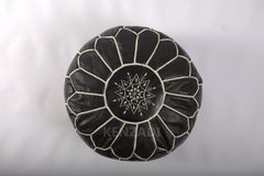 Moroccan leather pouf round berber style black leather with Beige embroidery by Kenzadi - Handmade by My Poufs