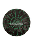 Handmade Moroccan leather pouf in sewn TAN leather with Black and Green embroidery. Perfect for adding a bohemian touch to your decor.