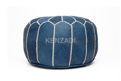 Authentic round Moroccan leather pouf in sewn TAN leather with blue and beige embroidery by Kenzadi