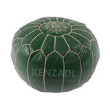 Moroccan leather pouf, round pouf, berber pouf, Dark Green pouf with Beige embroidery by Kenzadi - Handmade by My Poufs