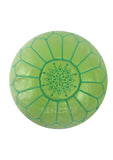 Authentic Moroccan round leather pouf with light green and green embroidery