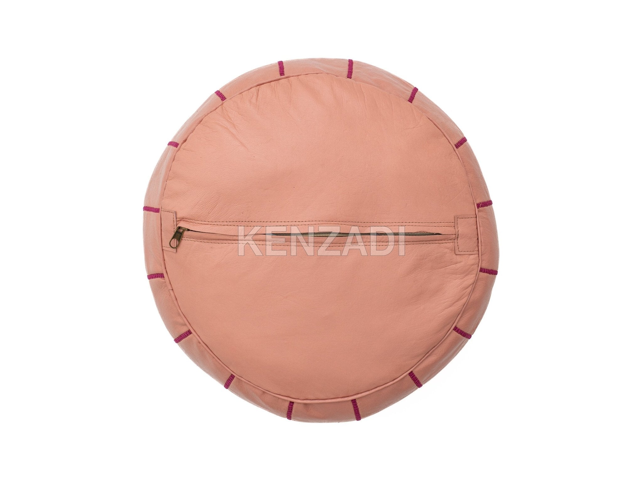 Moroccan leather pouf, round pouf, berber pouf, Light Pink pouf with Pink embroidery by Kenzadi - Handmade by My Poufs