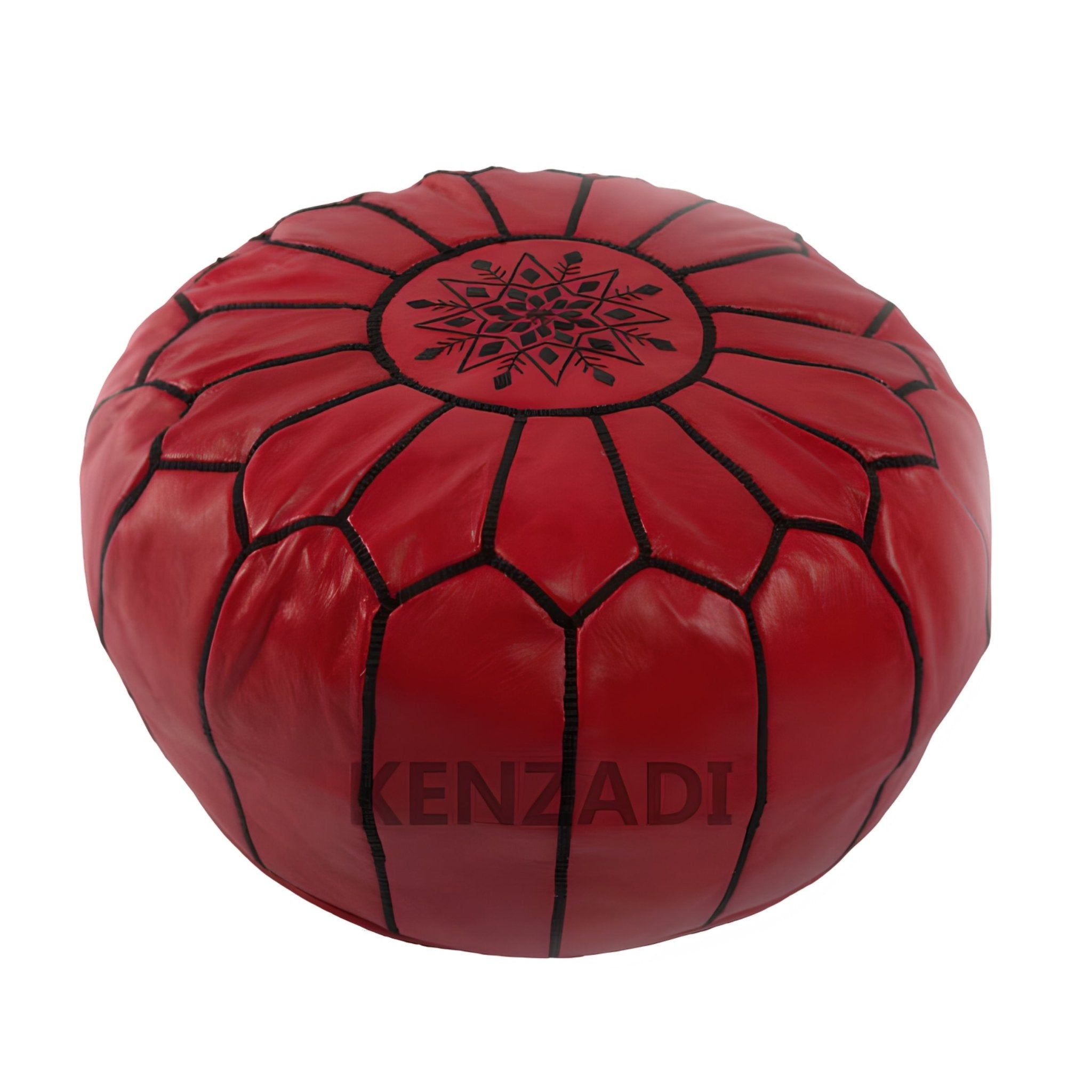 Moroccan leather pouf, round pouf, berber pouf, red pouf with black embroidery by Kenzadi - Handmade by My Poufs