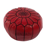 Moroccan leather pouf, round pouf, berber pouf, red pouf with black embroidery by Kenzadi - Handmade by My Poufs