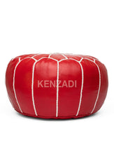 Moroccan leather pouf, round pouf, berber pouf, Red pouf with White embroidery by Kenzadi - Handmade by My Poufs