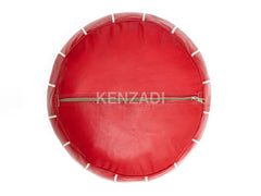 Authentic Moroccan leather pouf in sewn TAN leather, red with white embroidery