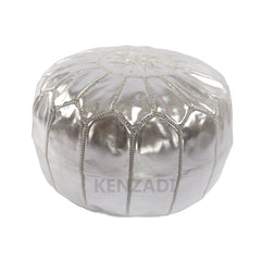 Moroccan leather pouf, round pouf, berber pouf, Silver grey with Grey embroidery by Kenzadi - Handmade by My Poufs
