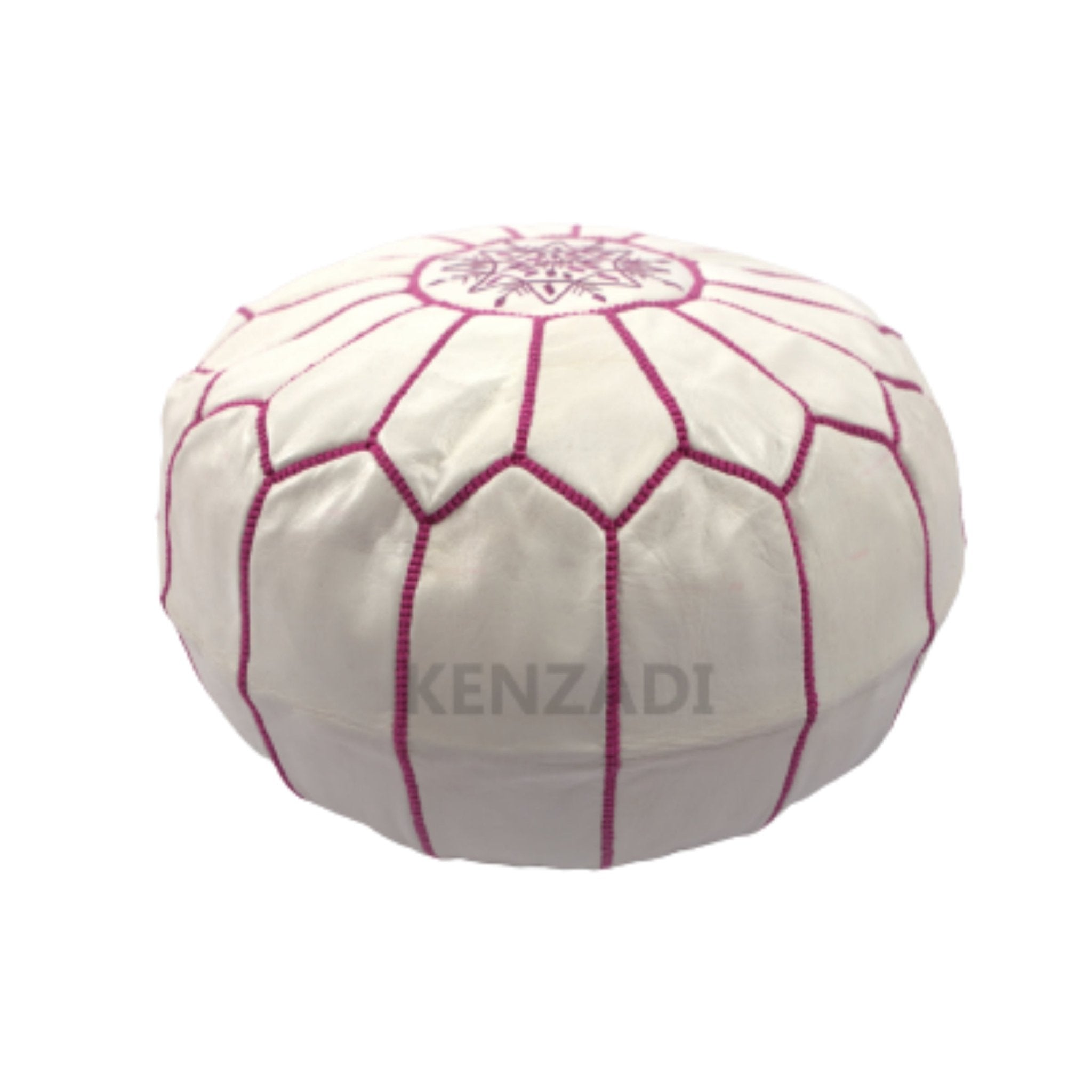 Moroccan leather pouf, round pouf, berber pouf, White with Pink embroidery by Kenzadi - Handmade by My Poufs