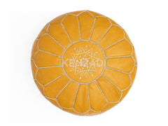 Moroccan leather pouf, round pouf, berber pouf, Yellow pouf with White embroidery by Kenzadi - Handmade by My Poufs
