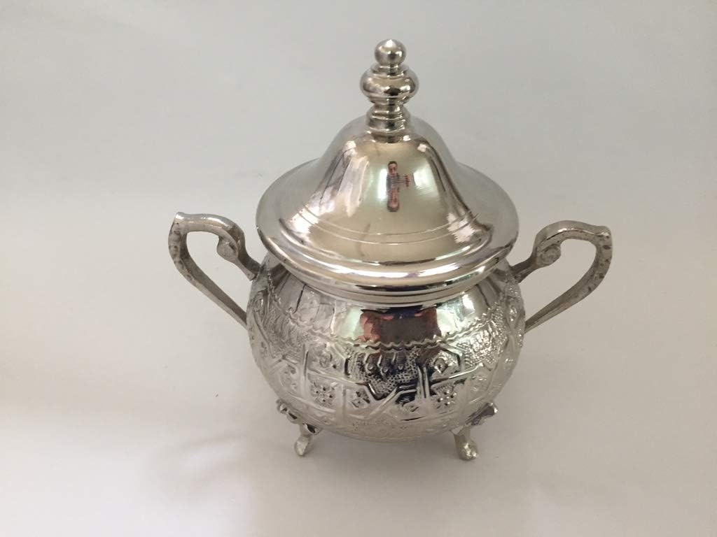 Moroccan Medium Sugar Bowl Container for Tea Pot Set Handmade Brass Silver Plated Teapot Hand Carved In Fes Morocco - Handmade by My Poufs