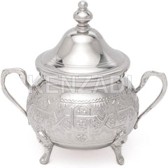 Moroccan Medium Sugar Bowl Container for Tea Pot Set Handmade Brass Silver Plated Teapot Hand Carved In Fes Morocco - Handmade by My Poufs