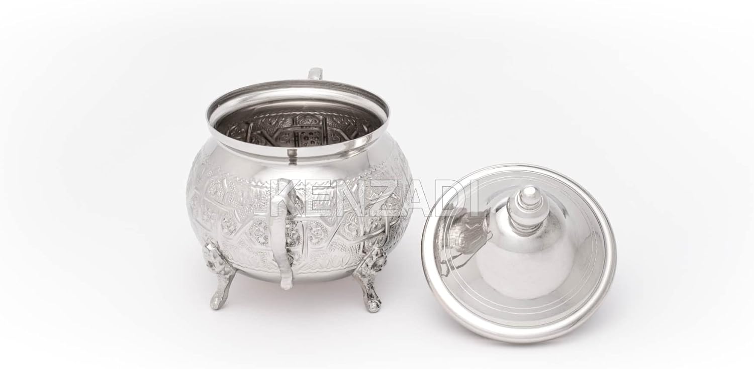 Moroccan Medium Sugar Bowl Container for Tea Pot Set Handmade Brass Silver Plated Teapot Hand Carved In Fes Morocco - Handmade by My Poufs