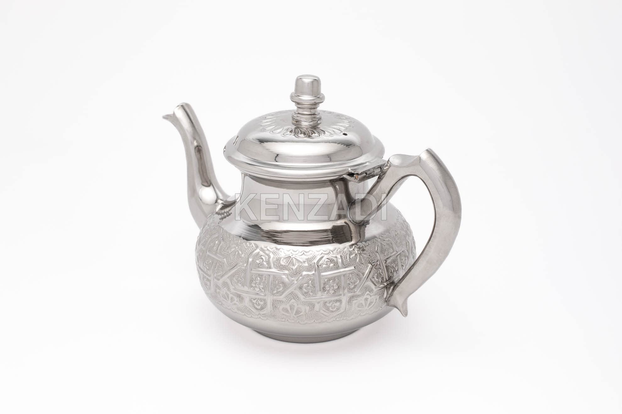 Moroccan Serving TeaPot Handmade Of Brass Silver Plated Hand Carved In Fes Morocco - Handmade by My Poufs