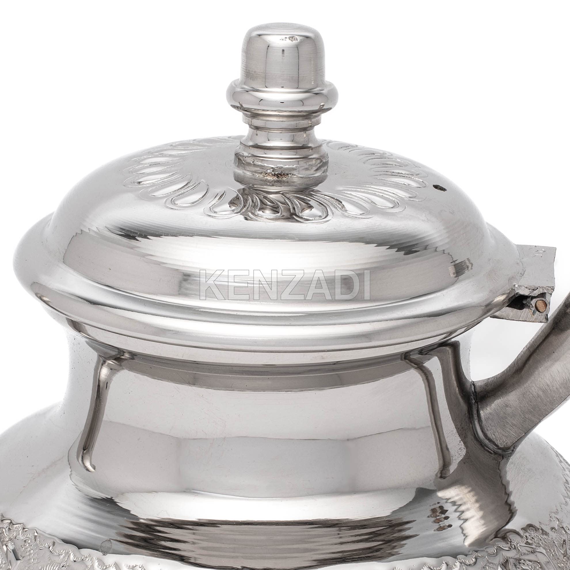 Moroccan Serving TeaPot Handmade Of Brass Silver Plated Hand Carved In Fes Morocco - Handmade by My Poufs