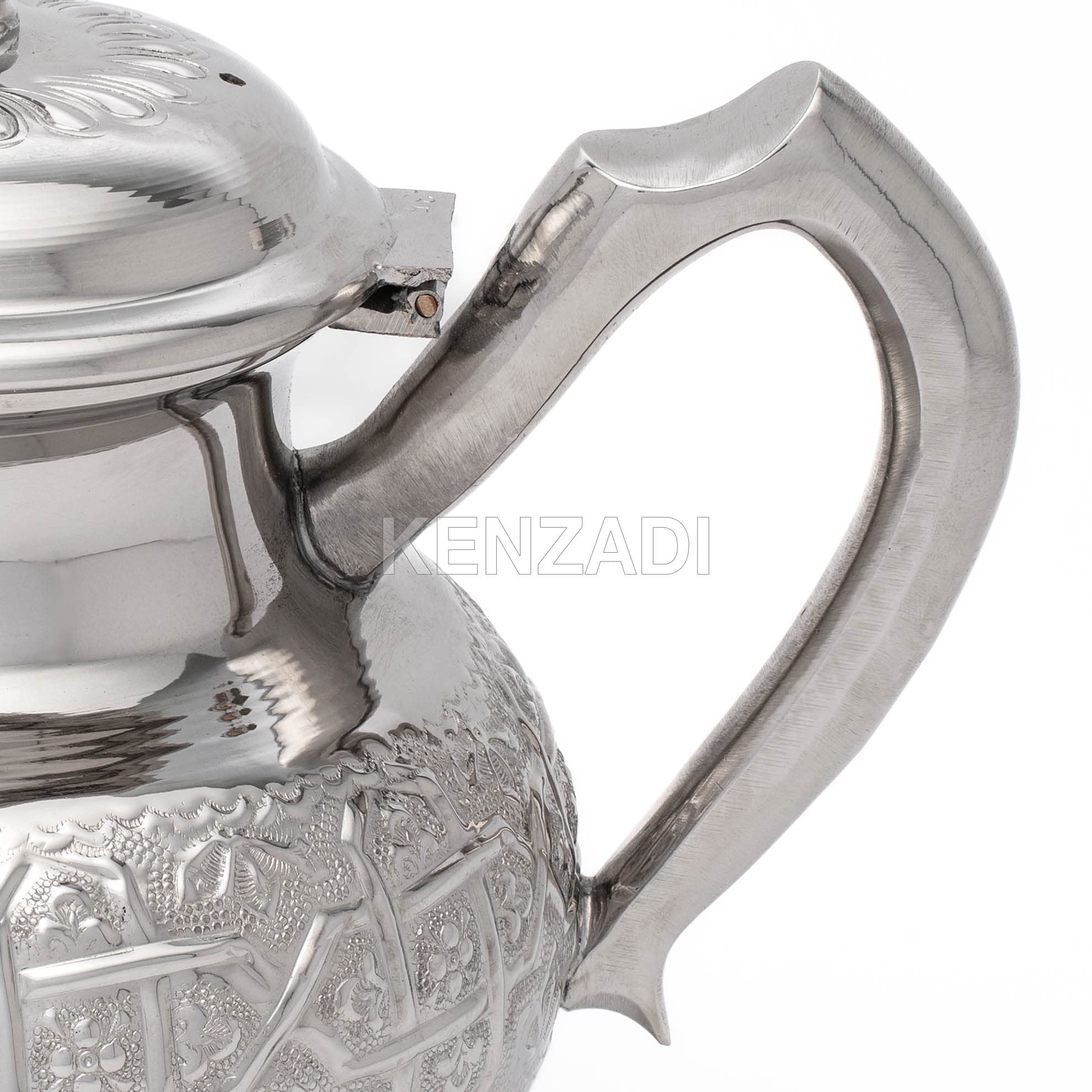 Moroccan Serving TeaPot Handmade Of Brass Silver Plated Hand Carved In Fes Morocco - Handmade by My Poufs