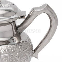 Moroccan Serving TeaPot Handmade Of Brass Silver Plated Hand Carved In Fes Morocco - Handmade by My Poufs