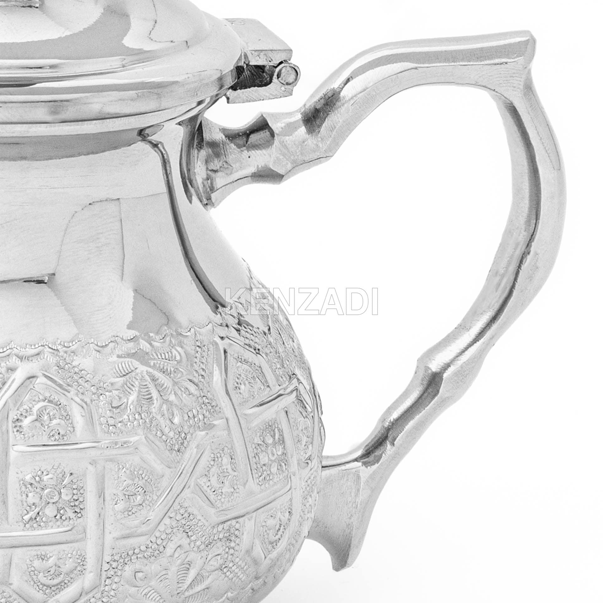Moroccan Serving TeaPot Handmade Of Brass Silver Plated Hand Carved In Fes Morocco - Handmade by My Poufs